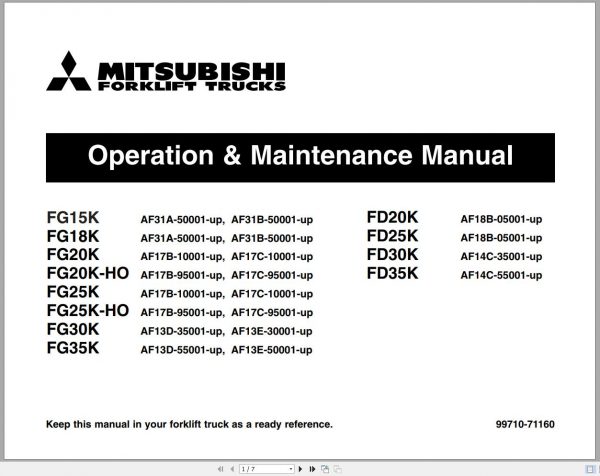 Mitsubishi Forklift FG18K FG20K FG20K HO FG30K FG35K Schematic Operation Maintenance Service Manual PDF EN 1