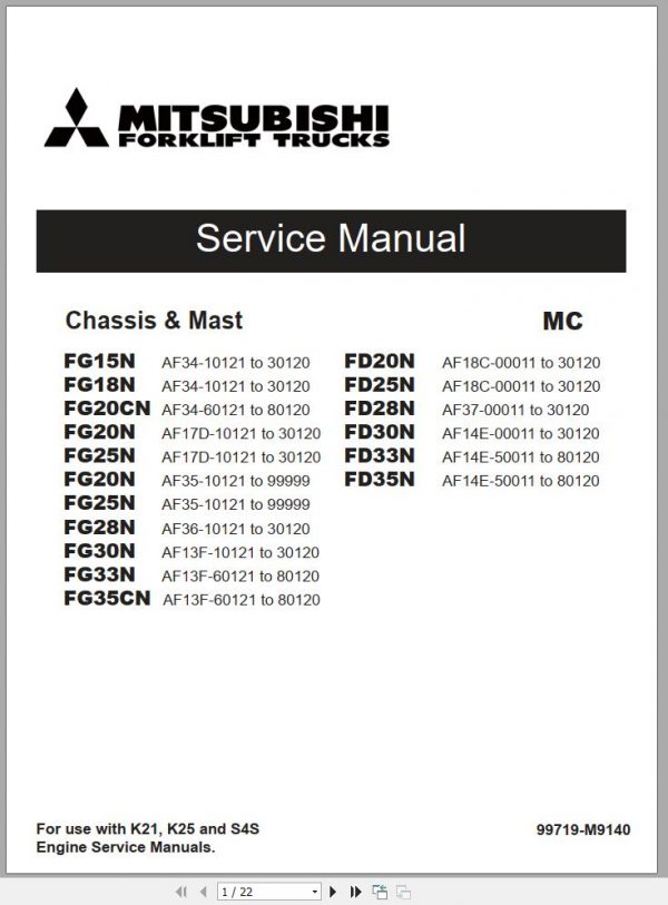 Mitsubishi Forklift FG20CN FG20N FG25N FG30N Operation Maintenance Service Manual EN ES FR 2