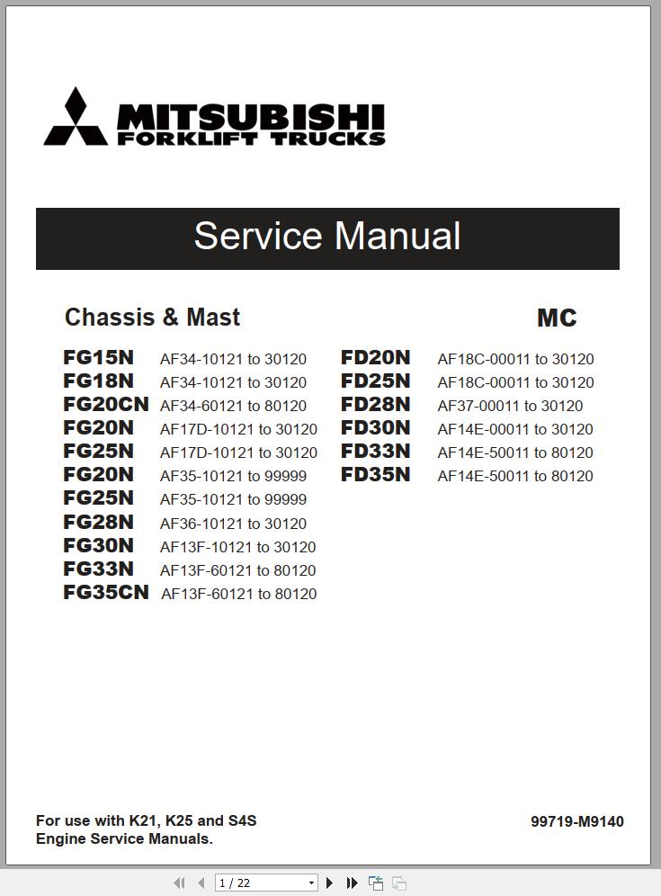Mitsubishi Forklift FG20CN FG20N FG25N FG30N Operation Maintenance Service Manual EN ES FR 2