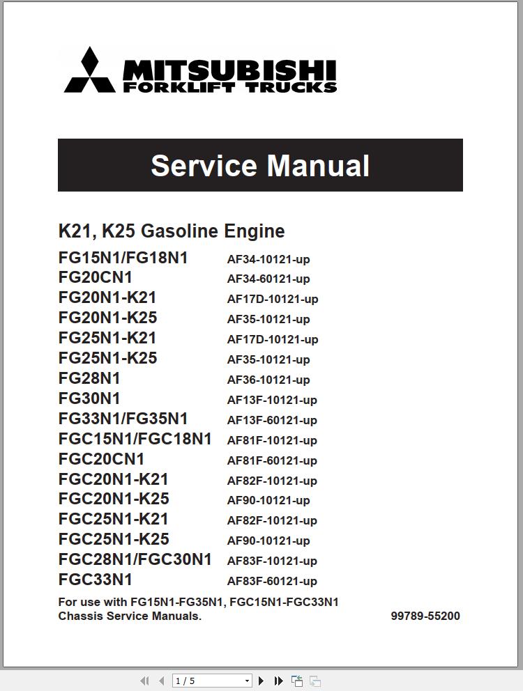 Mitsubishi Forklift FG20N HO FG25N HO Schematic Operation Maintenance Service Manual EN 2