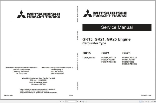 Mitsubishi Forklift FG20S FG25S FG30S Schematic Operation Maintenance Service Manual EN 2