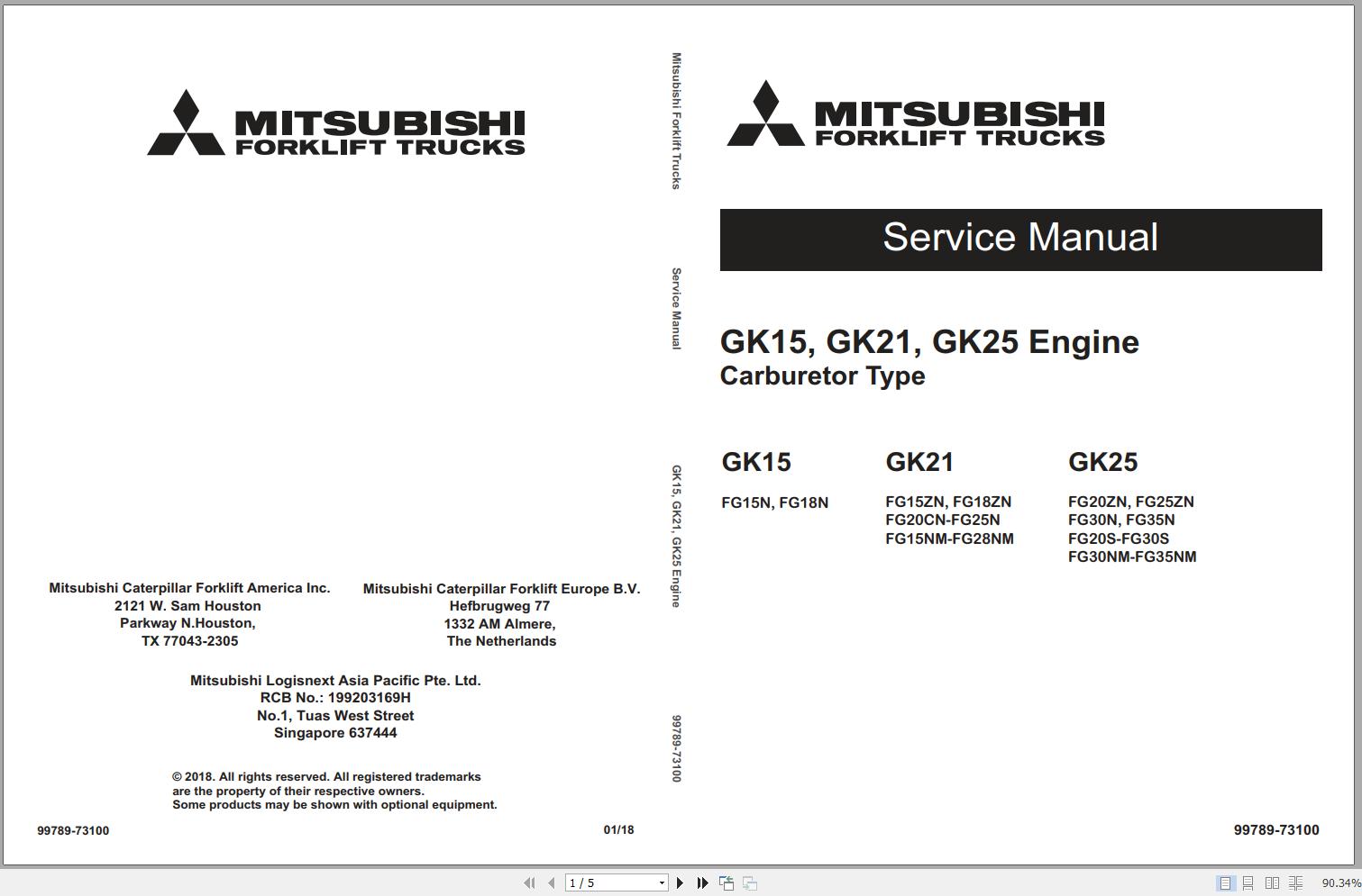 Mitsubishi Forklift FG20S FG25S FG30S Schematic Operation Maintenance Service Manual EN 2
