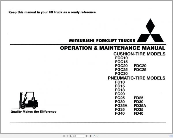 Mitsubishi Forklift FG25 FG30 Schematic Operation Maintenance Service Manual EN 1