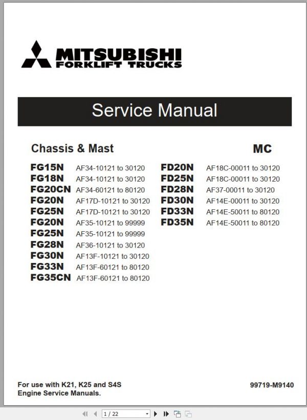 Mitsubishi Forklift FG28N Schematic Operation Maintenance Service Manual EN ES FR 2