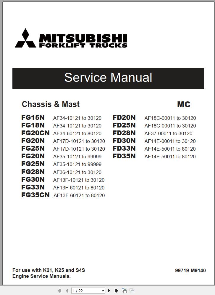 Mitsubishi Forklift FG28N Schematic Operation Maintenance Service Manual EN ES FR 2