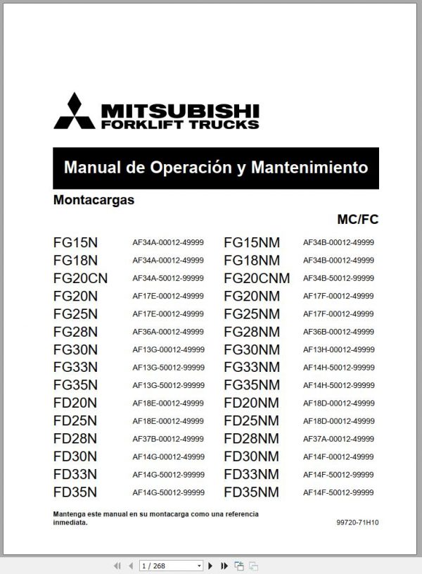 Mitsubishi Forklift FG28NM FG33NM Operation Maintenance Service Manual EN ES 1