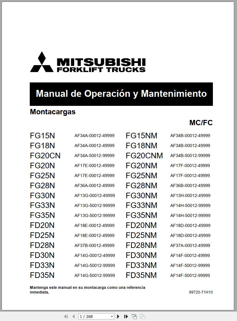 Mitsubishi Forklift FG28NM FG33NM Operation Maintenance Service Manual EN ES 1