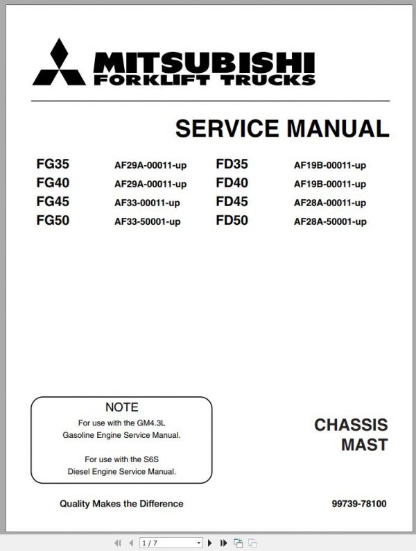Mitsubishi Forklift FG35 FG40 Schematic Operation Maintenance Service Manual EN 2