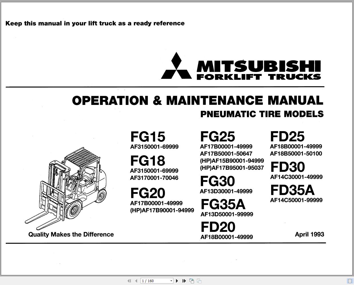 Mitsubishi Forklift 2020 FG35A Operation &amp; Maintenance Service Manual EN
