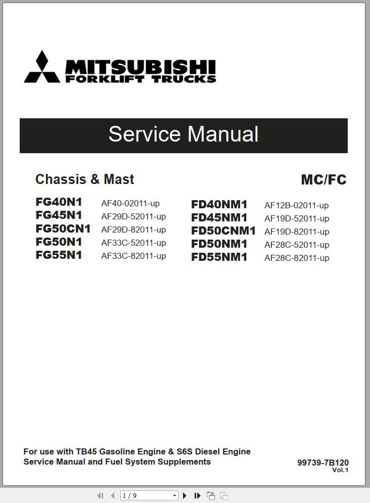 Mitsubishi Forklift FG40N1 FG45N1 FG50CN1 FG55N1 Schematic Operation Maintenance Service Manual EN 1