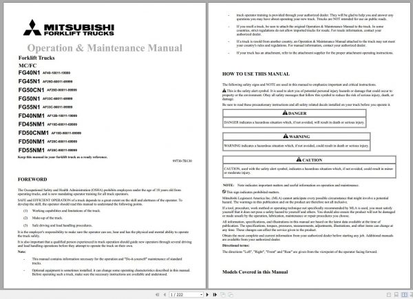 Mitsubishi Forklift FG40N1 FG45N1 FG50CN1 FG55N1 Schematic Operation Maintenance Service Manual EN 2