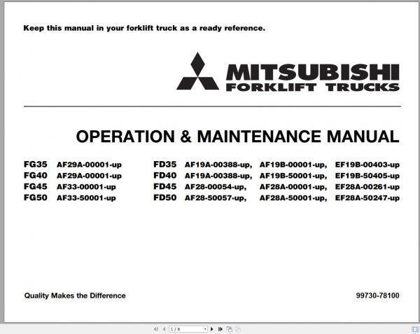 Mitsubishi Forklift FG45 FG50 Operation Maintenance Service Manual EN 1