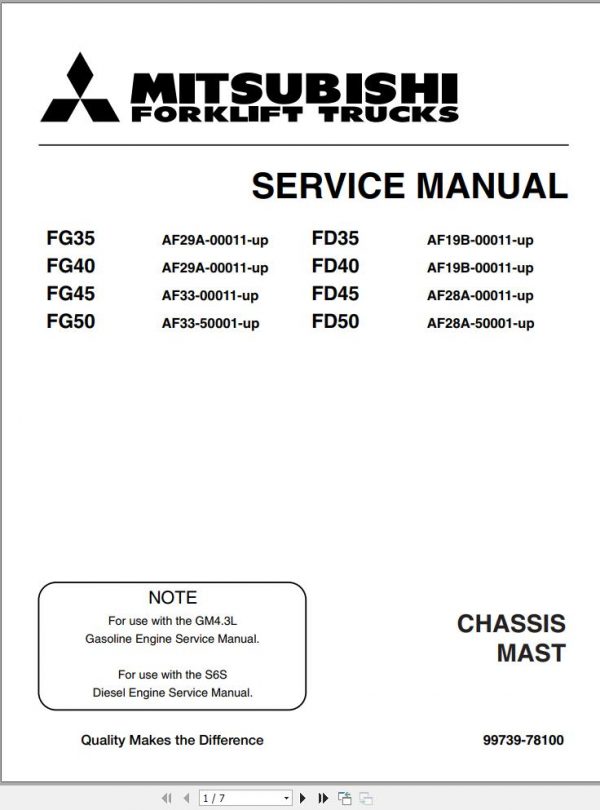 Mitsubishi Forklift FG45 FG50 Operation Maintenance Service Manual EN 2