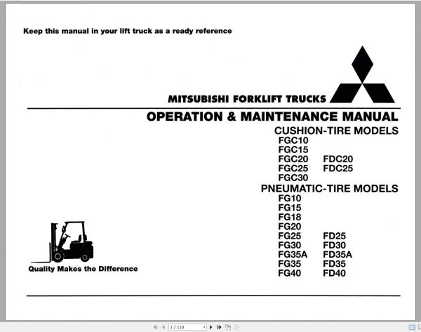 Mitsubishi Forklift FGC20 Schematic Operation Maintenance Service Manual EN 1