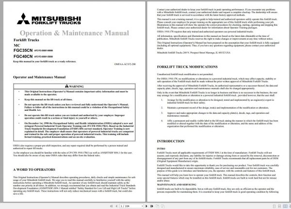 Mitsubishi Forklift FGC35CN FGC40CN Operation Maintenance Service Manual EN 1