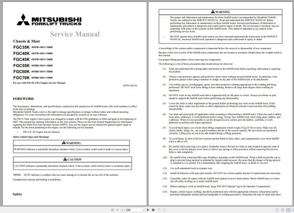 Mitsubishi Forklift FGC45K Schematic Operation Maintenance Service Manual EN FR 2