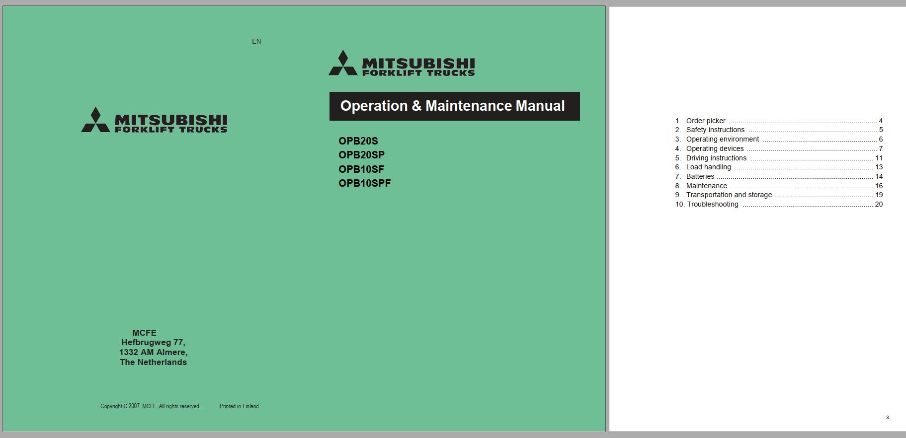 Mitsubishi Forklift OPB10SF OPB10SPF Operation Maintenance Service Manual EN DE FR ES 1