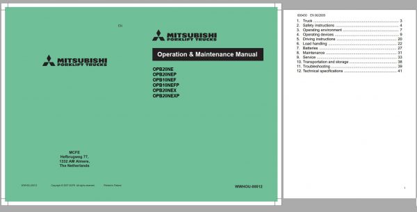 Mitsubishi Forklift OPB20NEXP Schematic Operation Maintenance Service Manual EN 1
