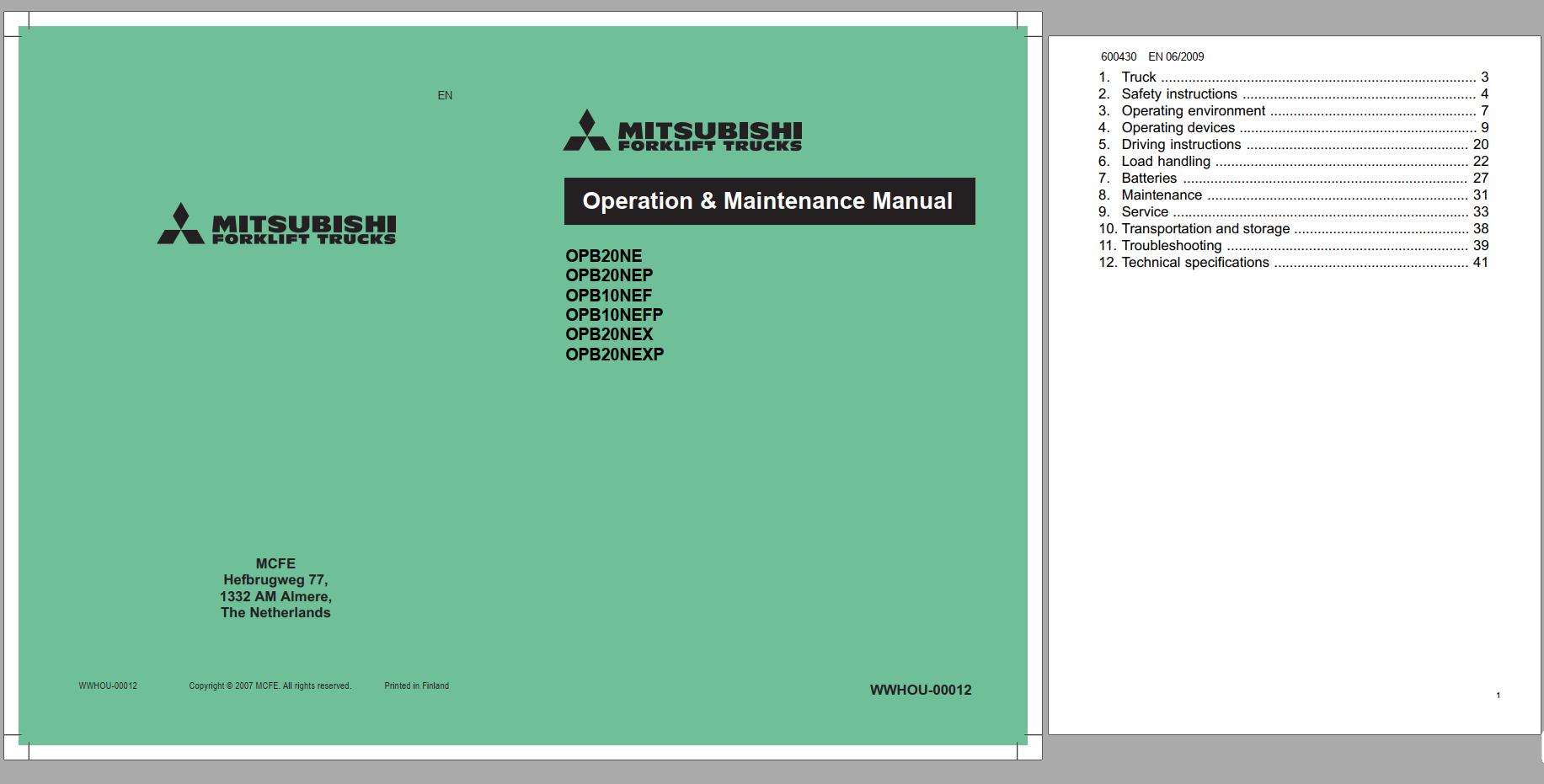 Mitsubishi Forklift OPB20NEXP Schematic Operation Maintenance Service Manual EN 1