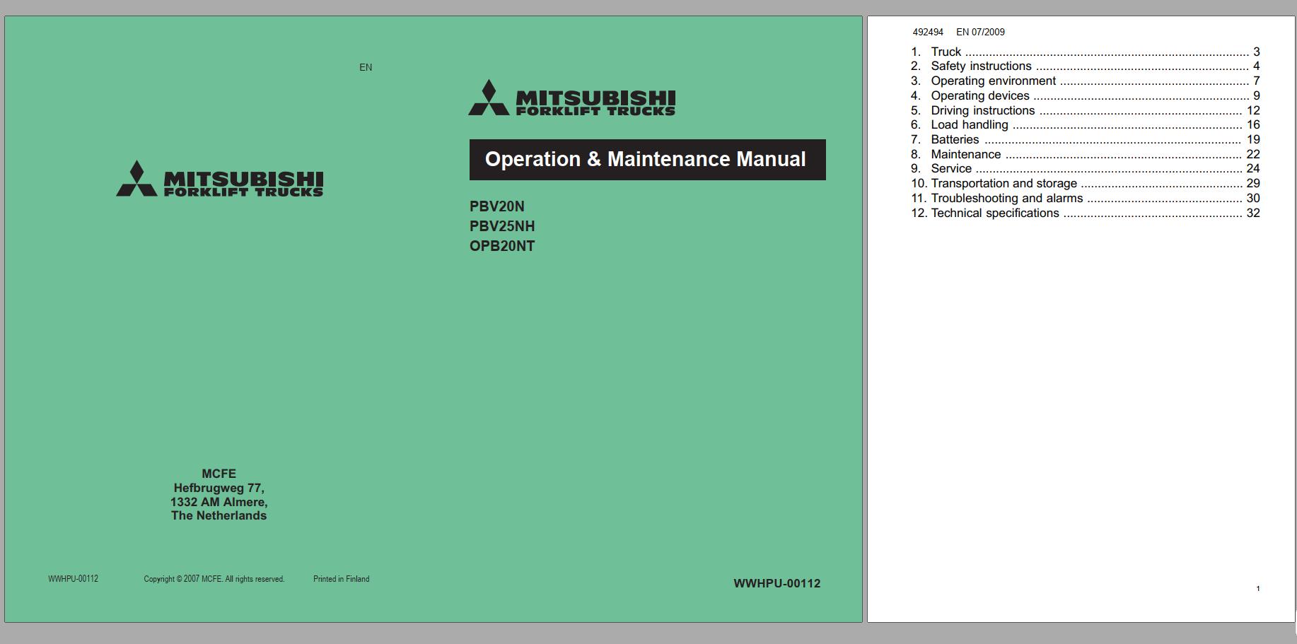 Mitsubishi Forklift OPB20NT Schematic Operation Maintenance Service Manual EN DE FR 1