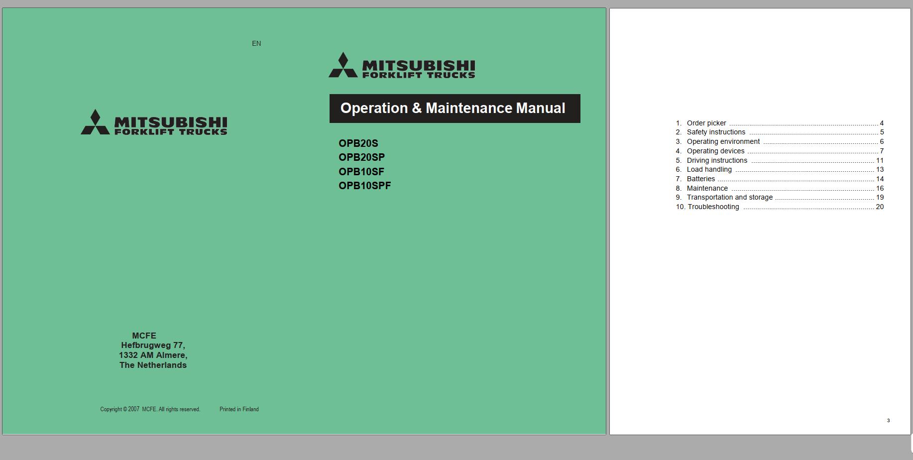 Mitsubishi Forklift OPB20S OPB20SP Schematic Operation Maintenance Service Manual EN FR ES DE 1
