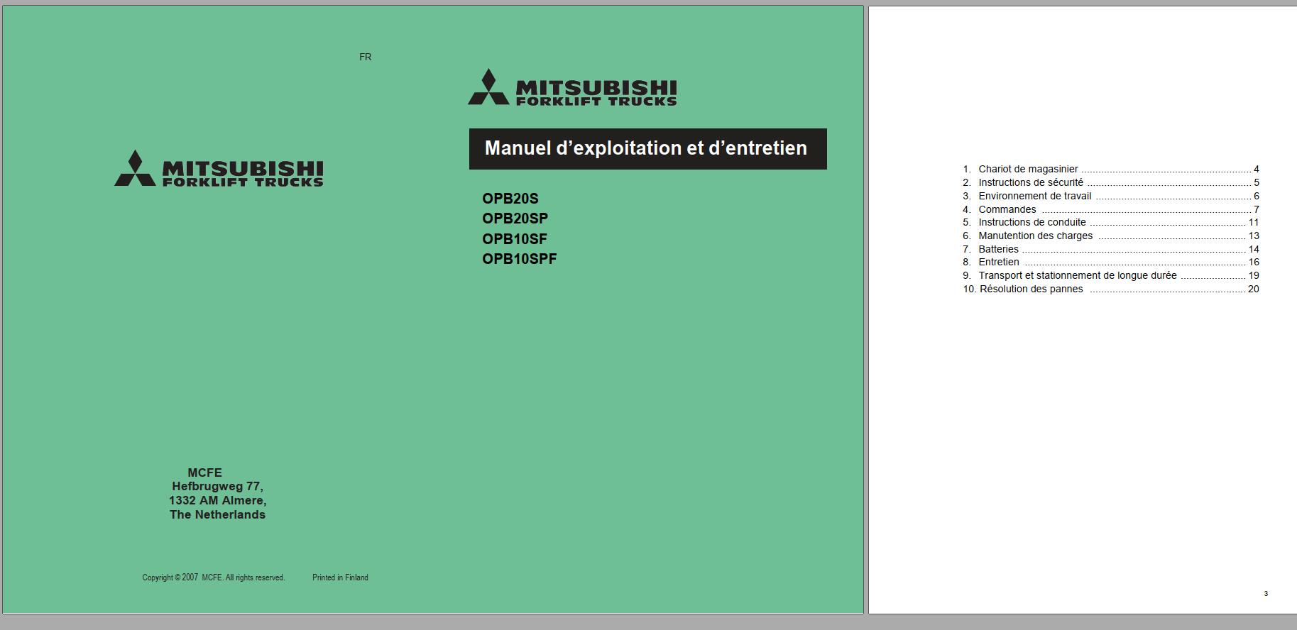 Mitsubishi Forklift OPB20S OPB20SP Schematic Operation Maintenance Service Manual EN FR ES DE 2