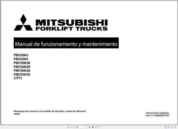 Mitsubishi Forklift PBF20N3R PBF20N3S PBF25N3R PBF25N3S Operation Maintenance Manual ES 1