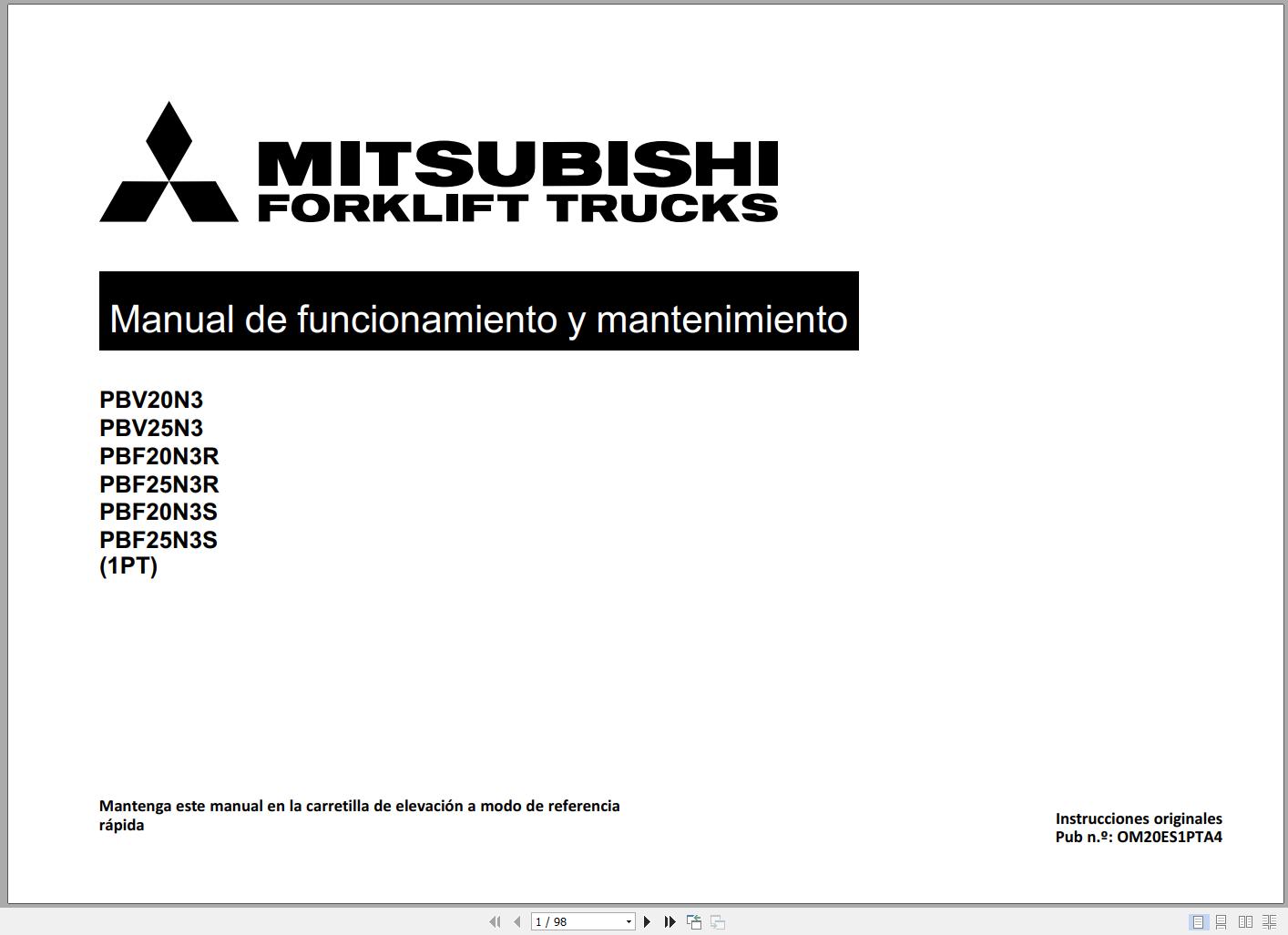Mitsubishi Forklift PBF20N3R PBF20N3S PBF25N3R PBF25N3S Operation Maintenance Manual ES 1