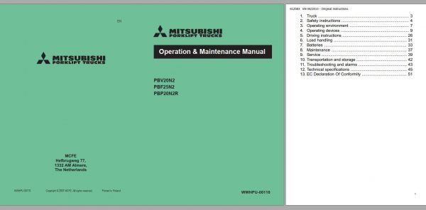 Mitsubishi Forklift PBF25N2 Schematic Operation Maintenance Service Manual EN ES DE FR 1