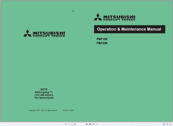 Mitsubishi Forklift PBP16K PBP20K Schematic Operation Maintenance Service Manual EN DE ES FR 1