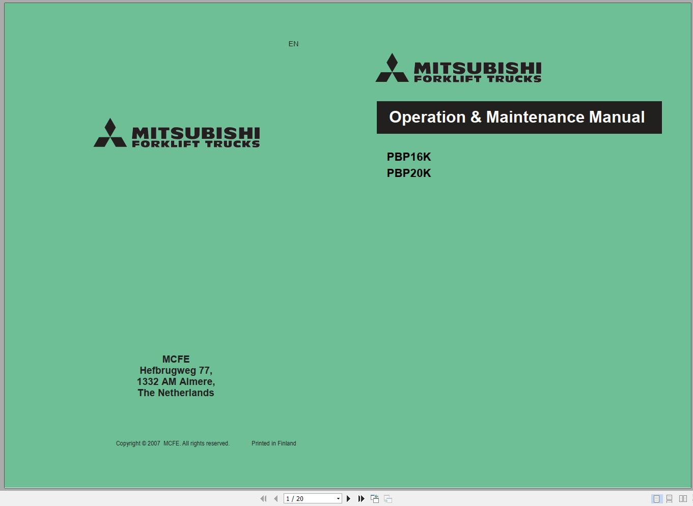 Mitsubishi Forklift PBP16K PBP20K Schematic Operation Maintenance Service Manual EN DE ES FR 1