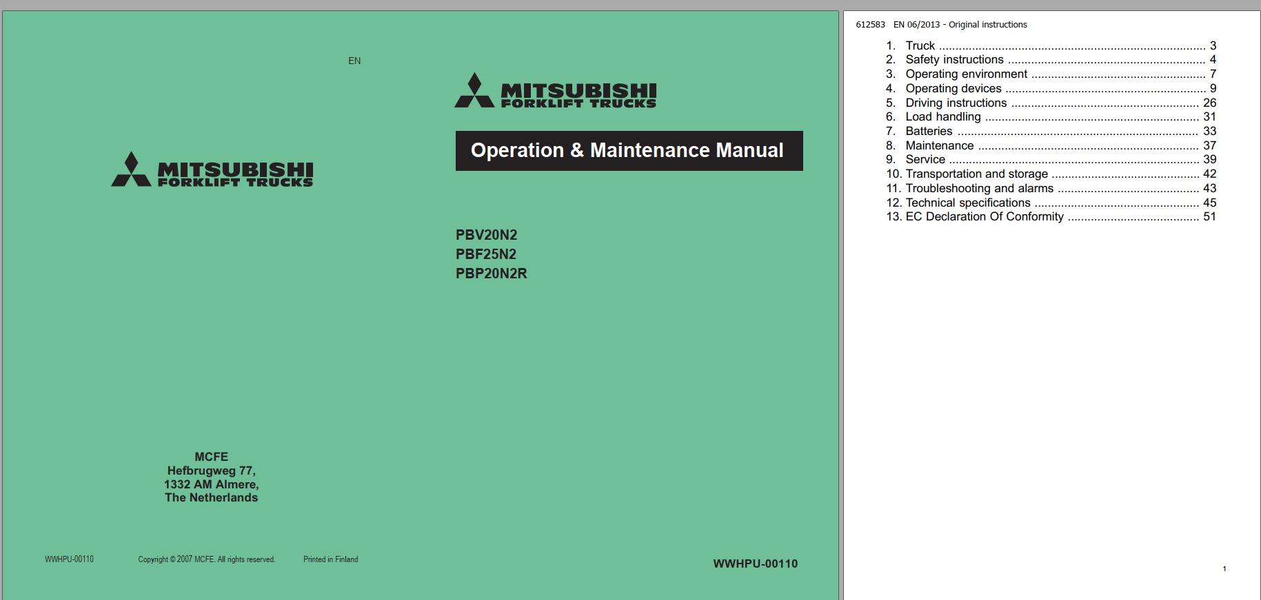 Mitsubishi Forklift PBP20N2R Schematic Operation Maintenance Service Manual EN DE FR 1