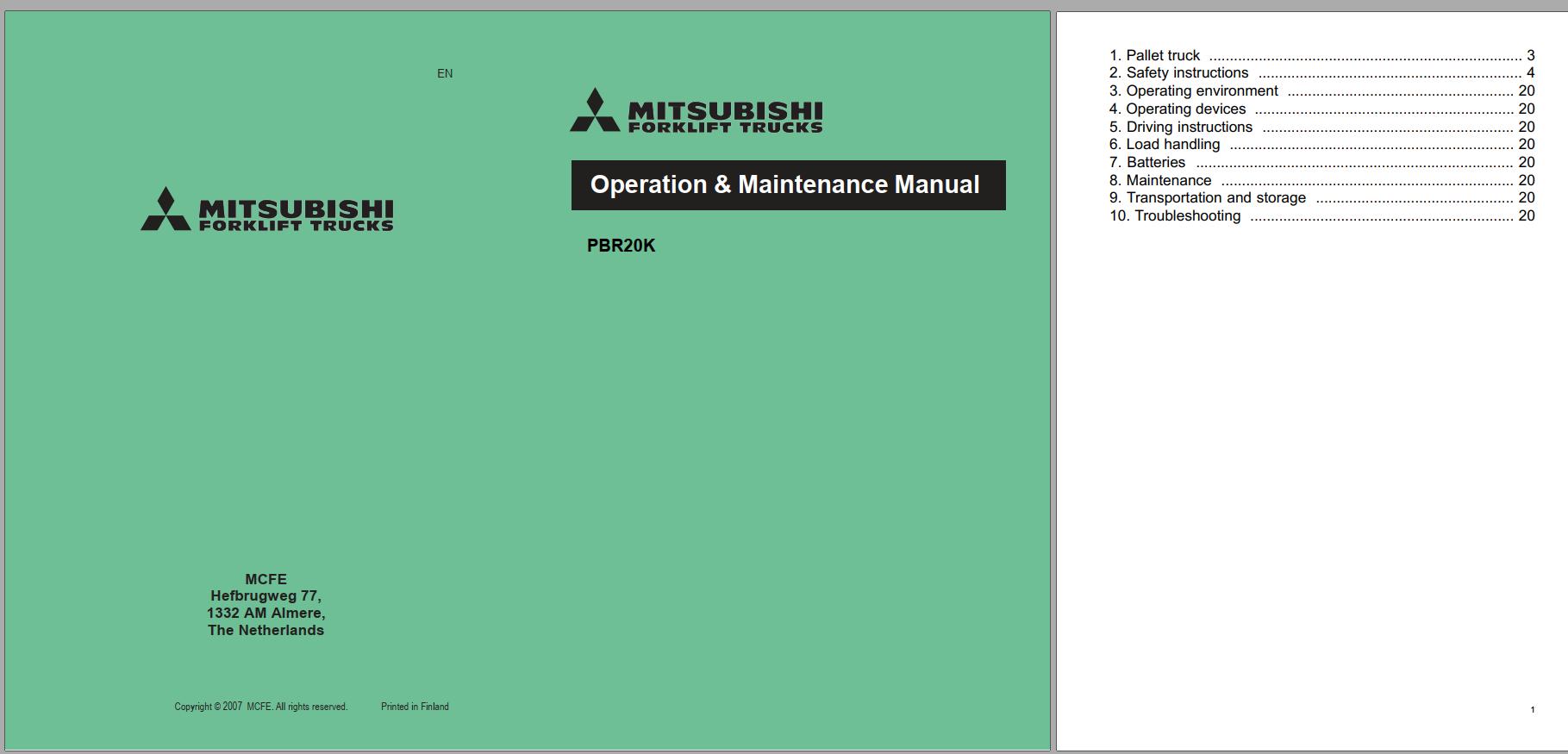 Mitsubishi Forklift PBR20K Schematic Operation Maintenance Service Manual EN FR ES DE 1