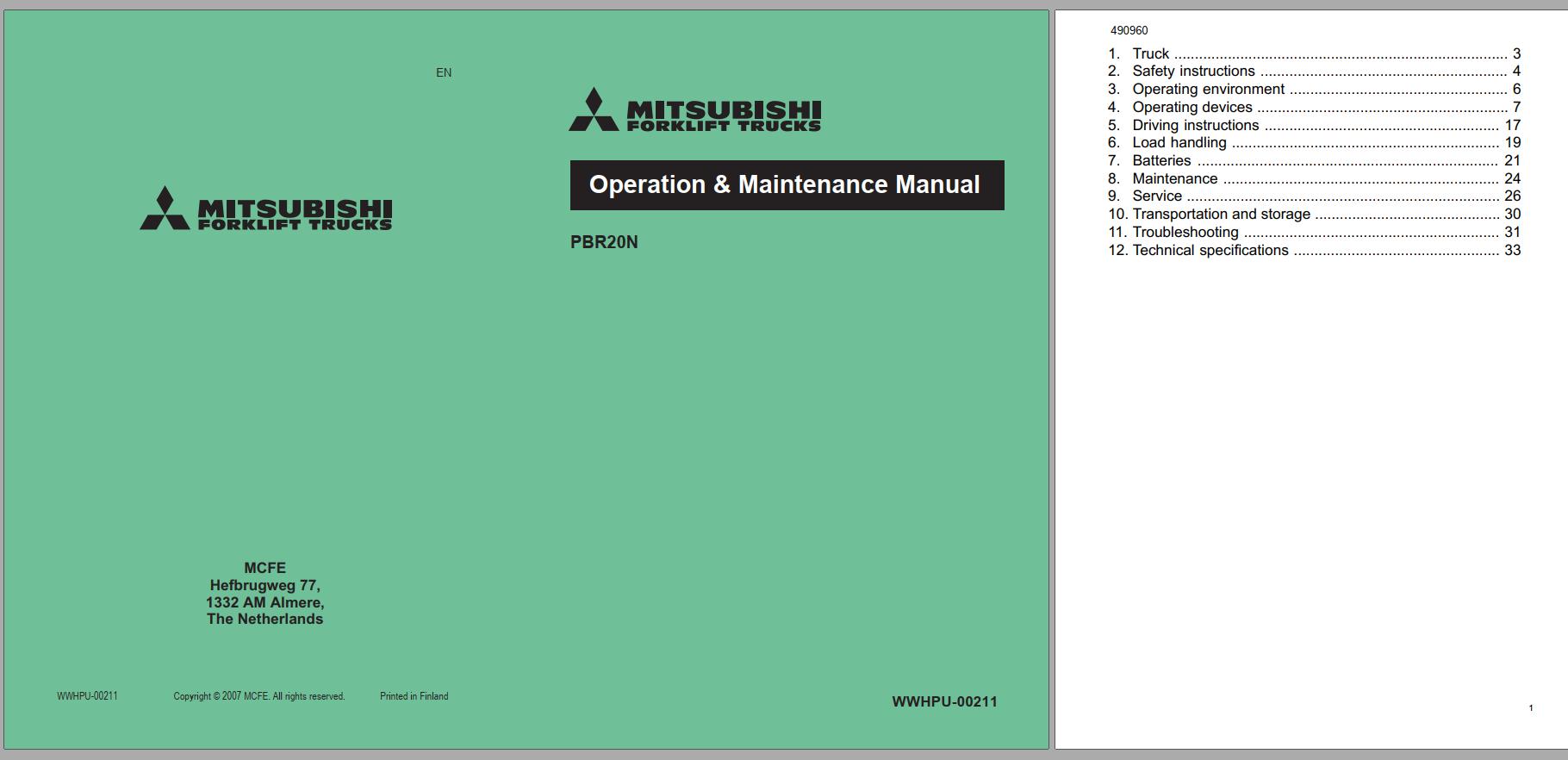 Mitsubishi Forklift PBR20N Schematic Operation Maintenance Service Manual EN 1