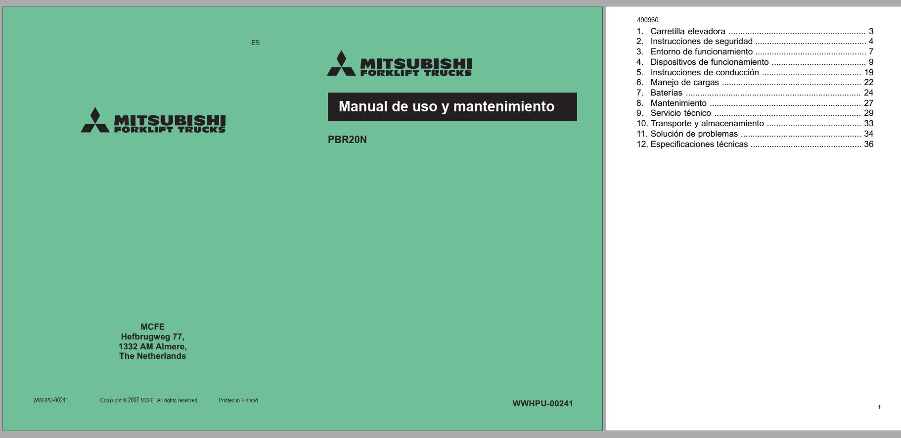 Mitsubishi Forklift PBR20N Schematic Operation Maintenance Service Manual EN 2
