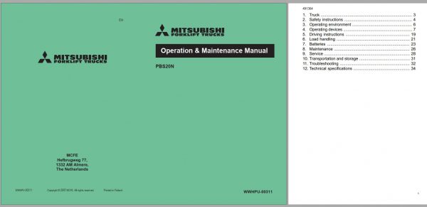 Mitsubishi Forklift PBS20N Schematic Operation Maintenance Service Manual EN 1