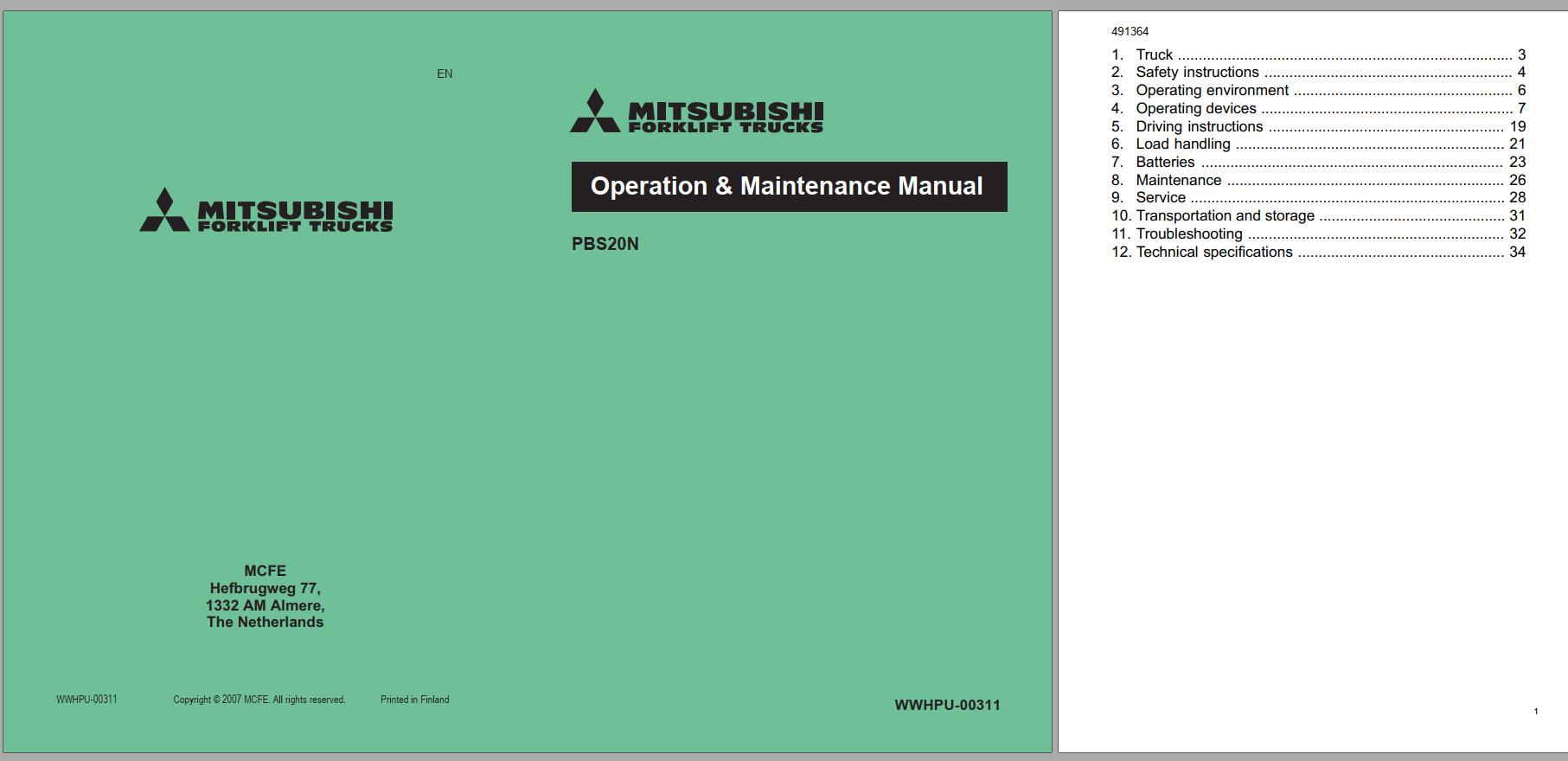 Mitsubishi Forklift PBS20N Schematic Operation Maintenance Service Manual EN 1