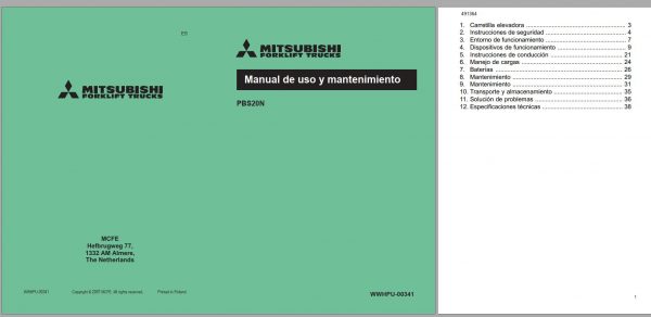 Mitsubishi Forklift PBS20N Schematic Operation Maintenance Service Manual EN 2
