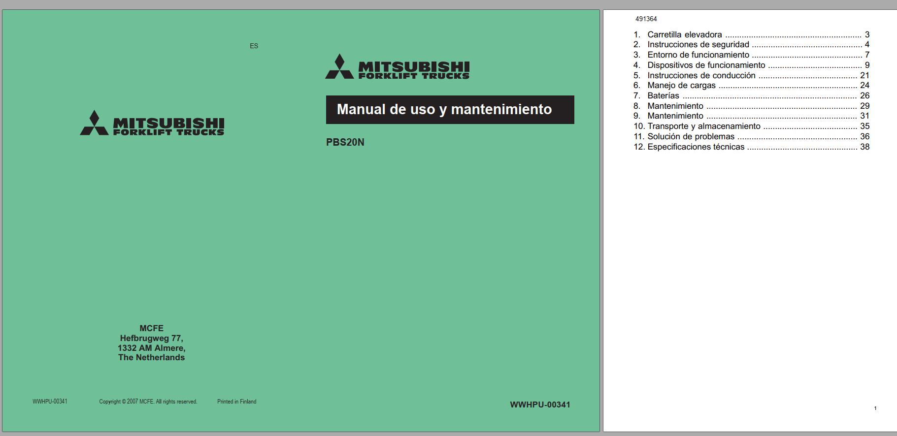 Mitsubishi Forklift PBS20N Schematic Operation Maintenance Service Manual EN 2