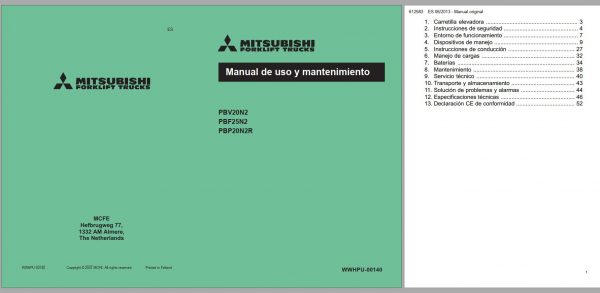 Mitsubishi Forklift PBV20N2 Operation Maintenance Service Manual EN FR DE 2