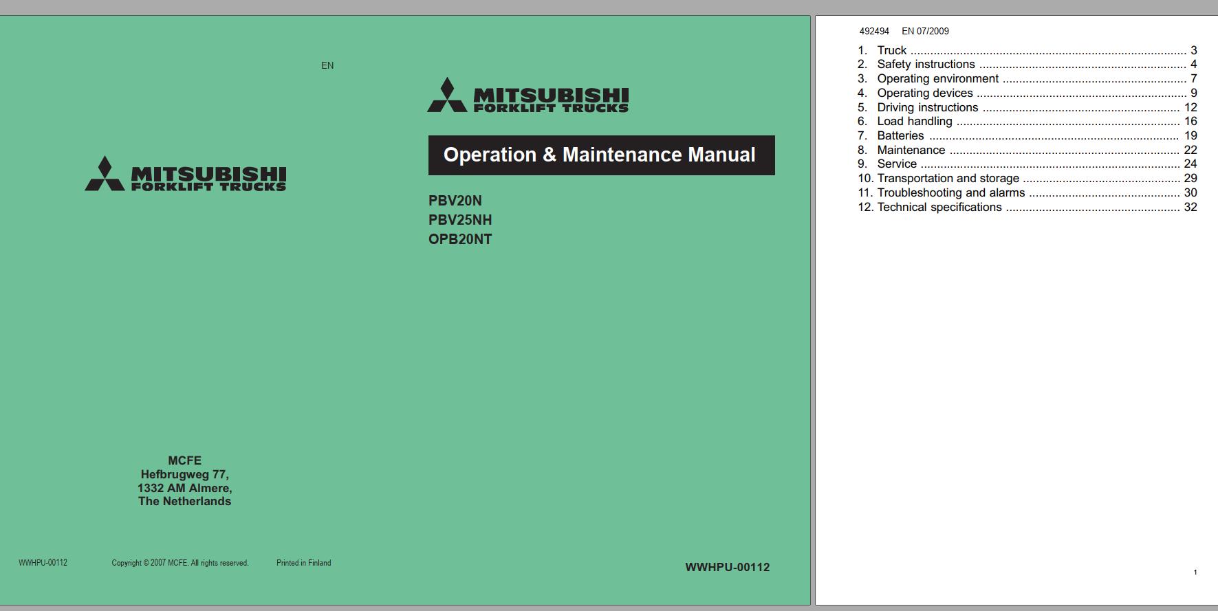 Mitsubishi Forklift PBV25NH Schematic Operation Maintenance Service Manual EN DE FR 1
