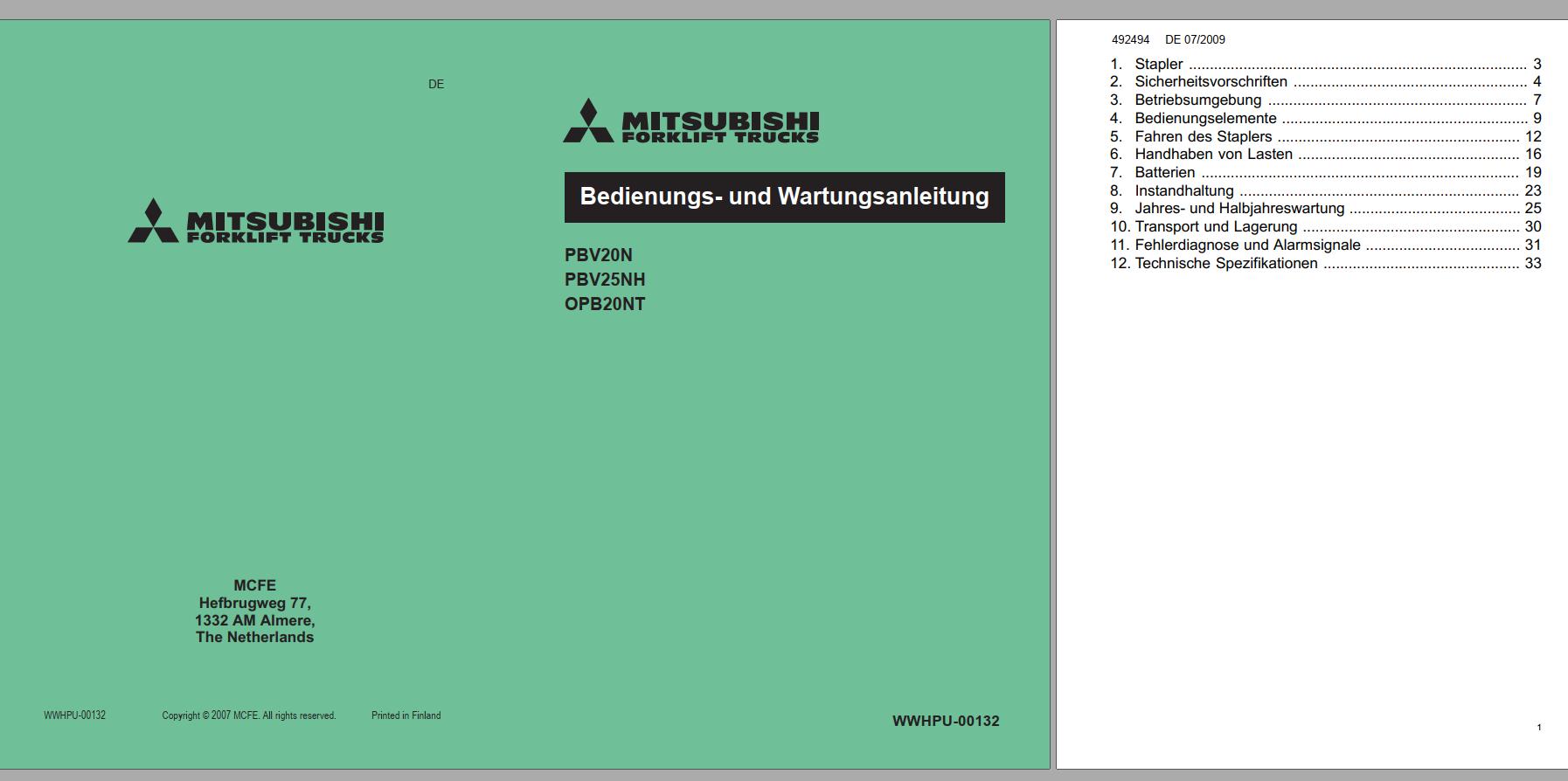 Mitsubishi Forklift PBV25NH Schematic Operation Maintenance Service Manual EN DE FR 2