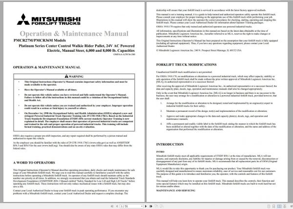 Mitsubishi Forklift PMCR27BM PMCR36BM Operation Maintenance Service Manual EN FR ES 1