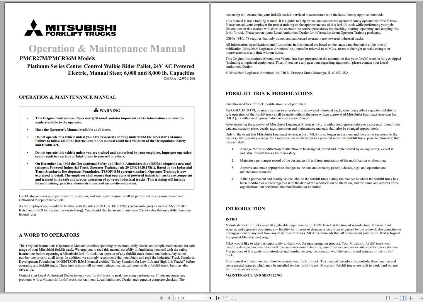 Mitsubishi Forklift PMCR27BM PMCR36BM Operation Maintenance Service Manual EN FR ES 1