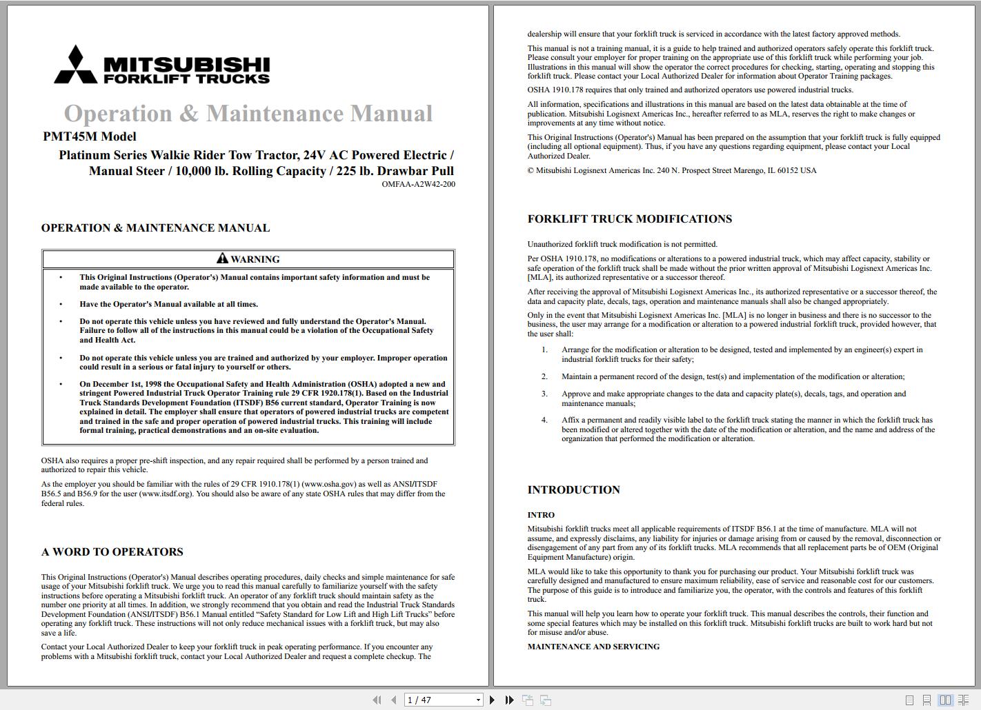 Mitsubishi Forklift PMT45BM Operation Maintenance Service Manual EN FR ES 1