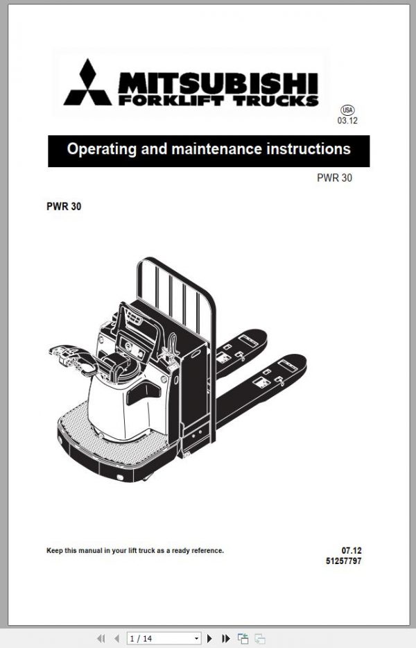 Mitsubishi Forklift PWR30 Operation Maintenance Manual EN 1
