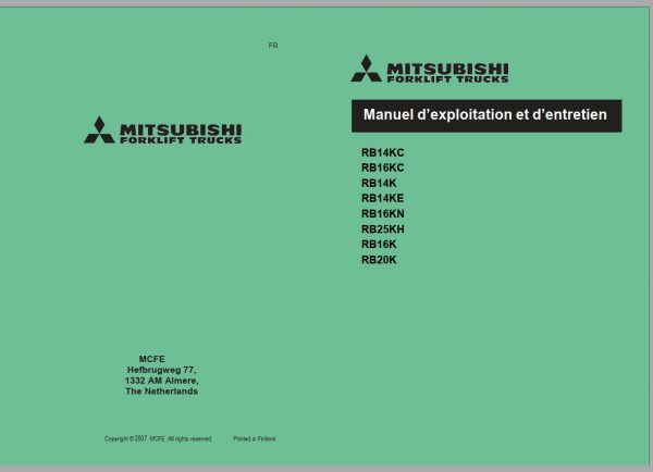 Mitsubishi Forklift RB14KC RB14XC RB14XE Schematic Operation Maintenance Service Manual EN FR ES DE 2