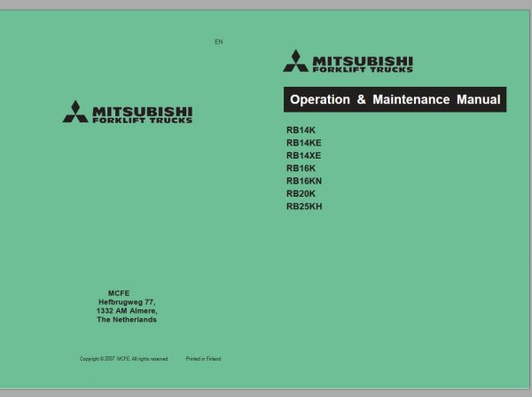 Mitsubishi Forklift RB14KE RB20K Schematic Operation Maintenance Service Manual EN FR ES DE 1