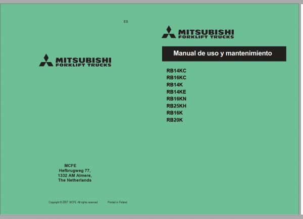 Mitsubishi Forklift RB14KE RB20K Schematic Operation Maintenance Service Manual EN FR ES DE 2