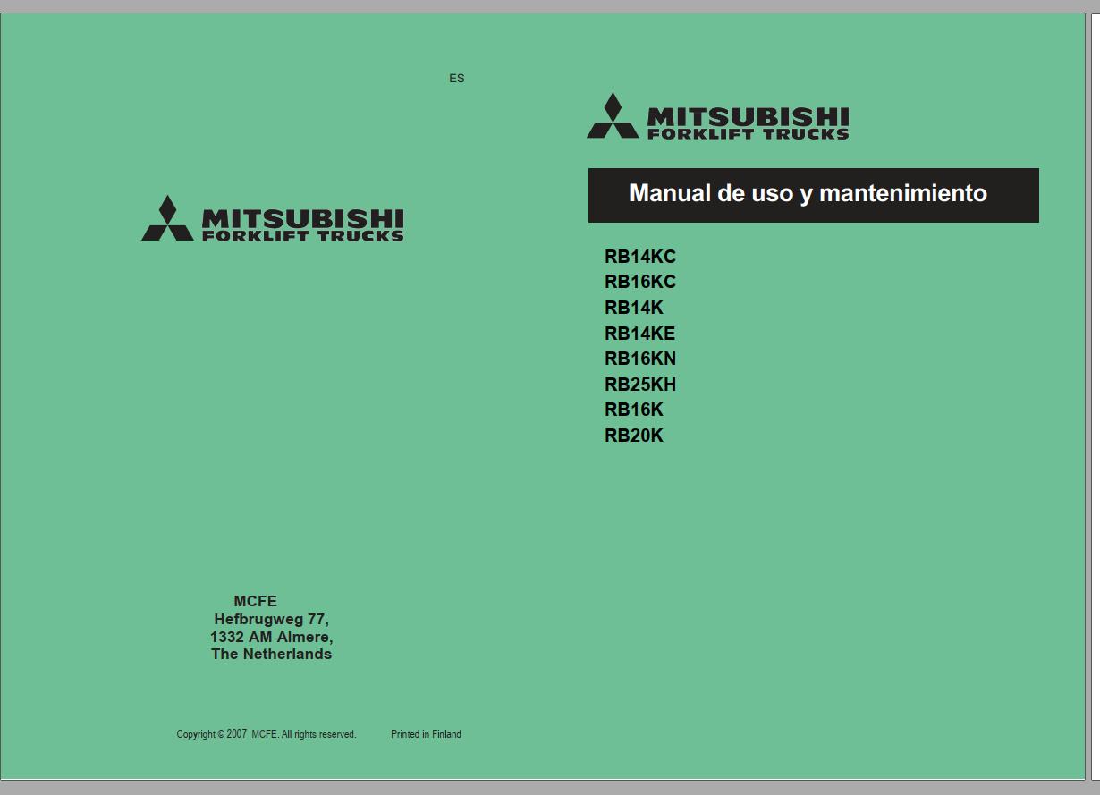 Mitsubishi Forklift RB14KE RB20K Schematic Operation Maintenance Service Manual EN FR ES DE 2